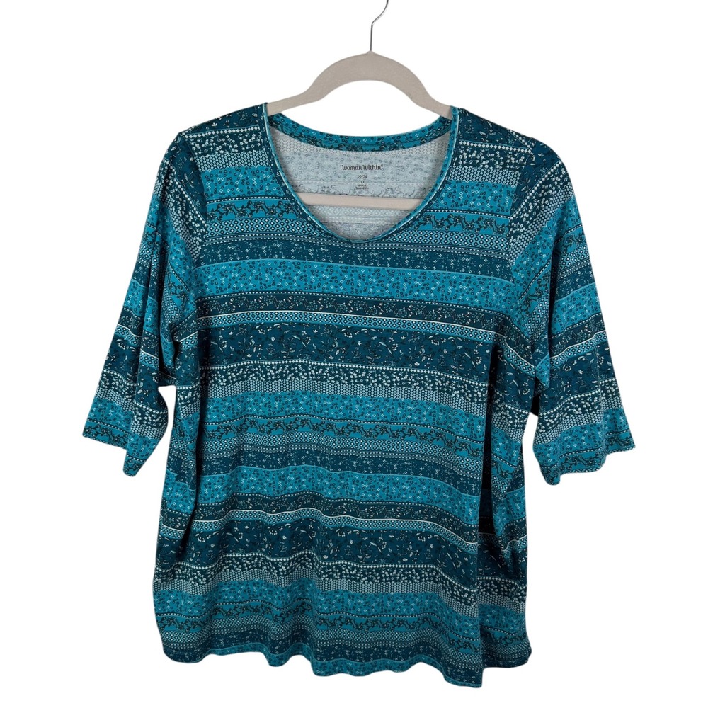 Woman Within Blue Floral Striped Top Size 22/24 Stretch Comfy Boho Relaxed‎